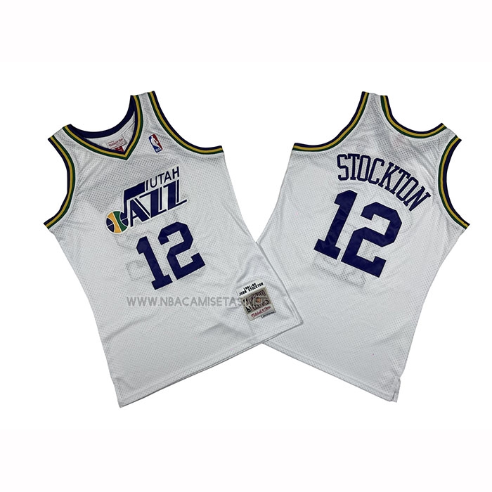 Camiseta Utah Jazz John Stockton NO 12 Mitchell & Ness 1991-92 Blanco